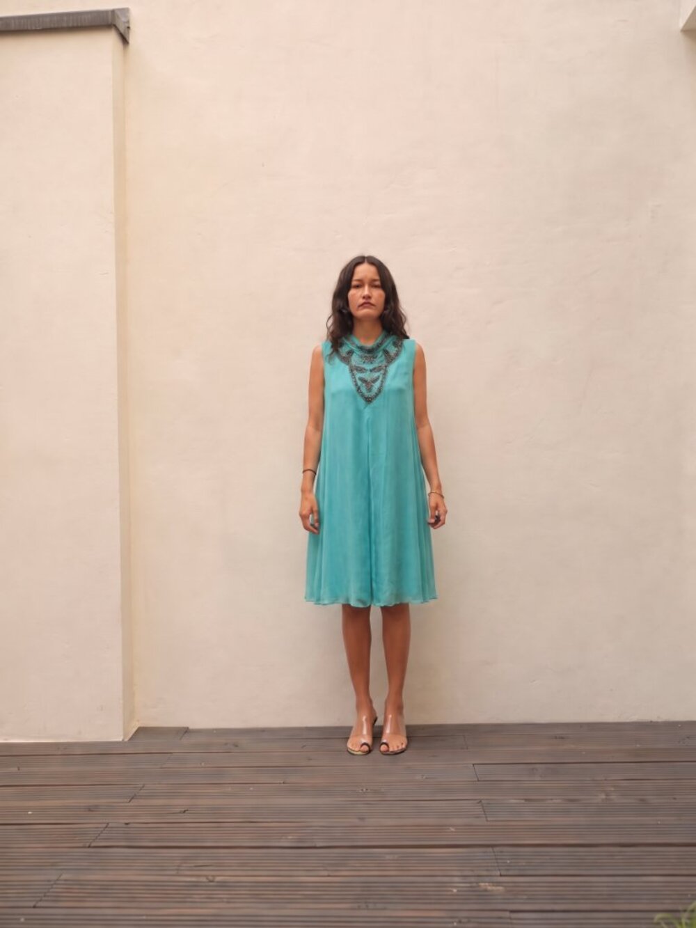 60's Turquoise Chiffon Cocktail Dress with butterly Beaded Collar